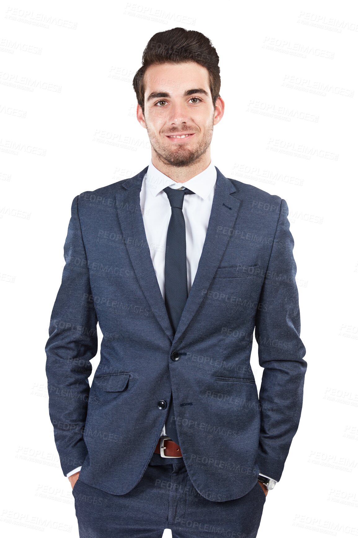 Buy stock photo Portrait, smile and confident business man isolated on a transparent png background. Hands in pocket, happy professional lawyer and employee, corporate worker and legal advisor in suit in Australia