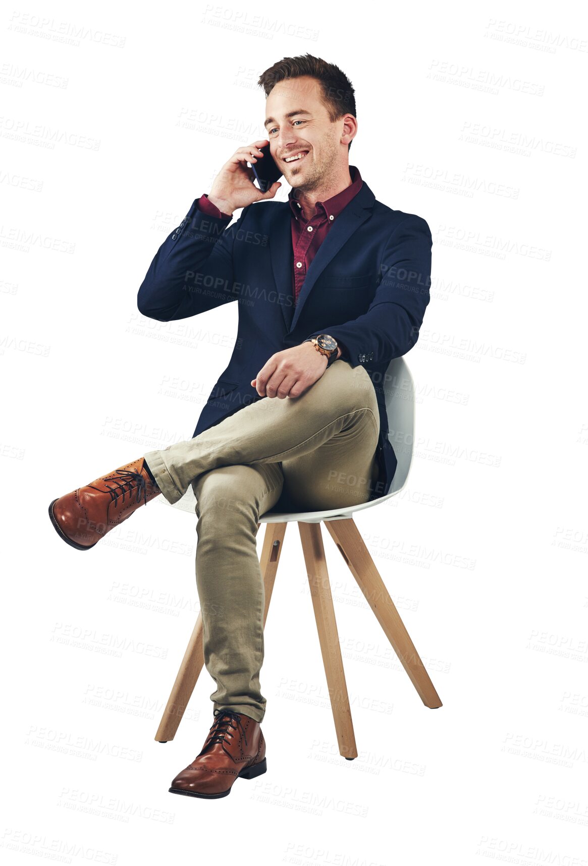 Buy stock photo Businessman, cellphone and phone call for networking, communication or isolated on transparent png background. Mobile, professional and smile for business conversation, consulting and accountant
