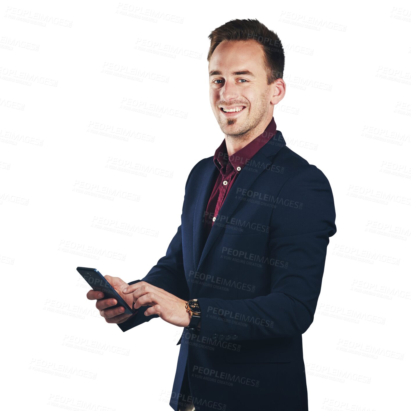 Buy stock photo Portrait, businessman and smile with smartphone for social media, research or communication. Male person, technology or mobile app email, message or internet on isolated or transparent png background