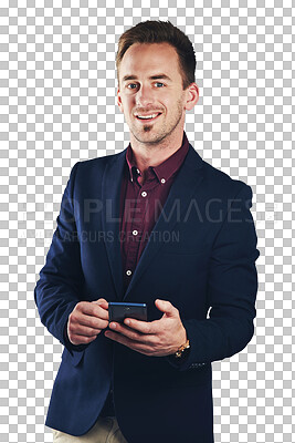 Buy stock photo Portrait, businessman and smile for smartphone for communication, email or message. Male entrepreneur, technology or mobile app for internet, web or research on isolated or transparent png background