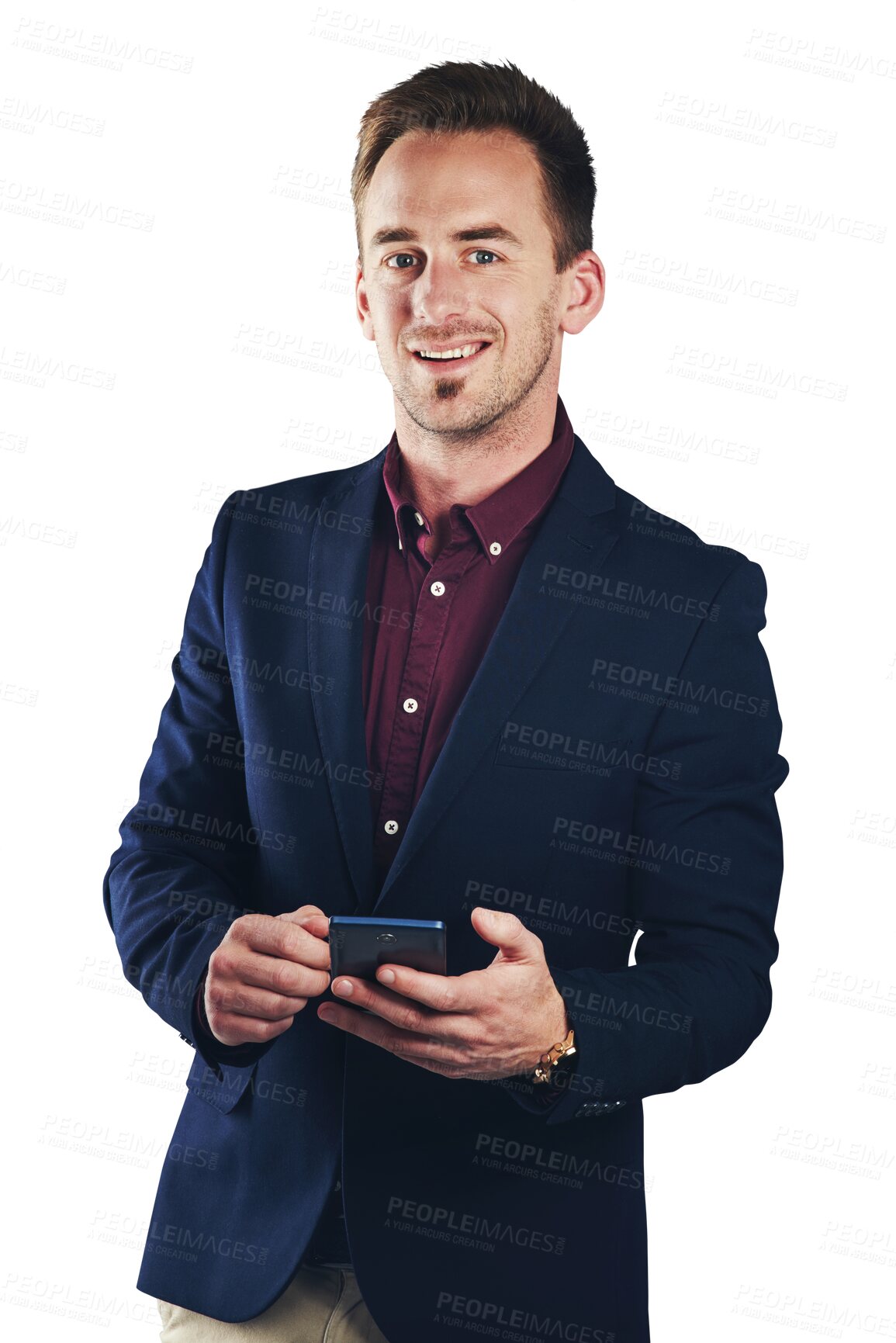 Buy stock photo Portrait, businessman and smile for smartphone for communication, email or message. Male entrepreneur, technology or mobile app for internet, web or research on isolated or transparent png background