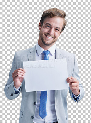 Buy stock photo Businessman, poster and marketing or promotion, smile and mockup or isolated on transparent png background. Male person, card and billboard or advertising, board and announcement on signboard or logo