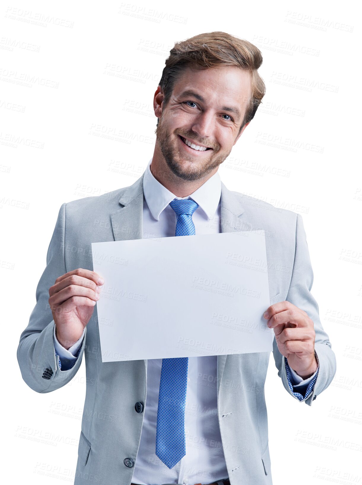 Buy stock photo Businessman, poster and marketing or promotion, smile and mockup or isolated on transparent png background. Male person, card and billboard or advertising, board and announcement on signboard or logo