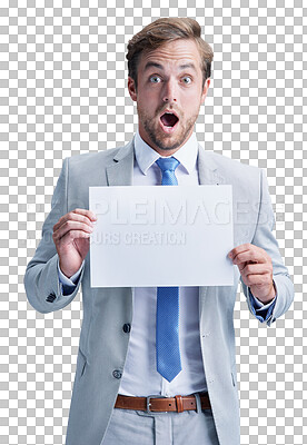 Buy stock photo Businessman, poster and marketing or promotion, surprise and mockup or isolated on transparent png background. Male person, card and billboard or advertising, board and announcement on signboard