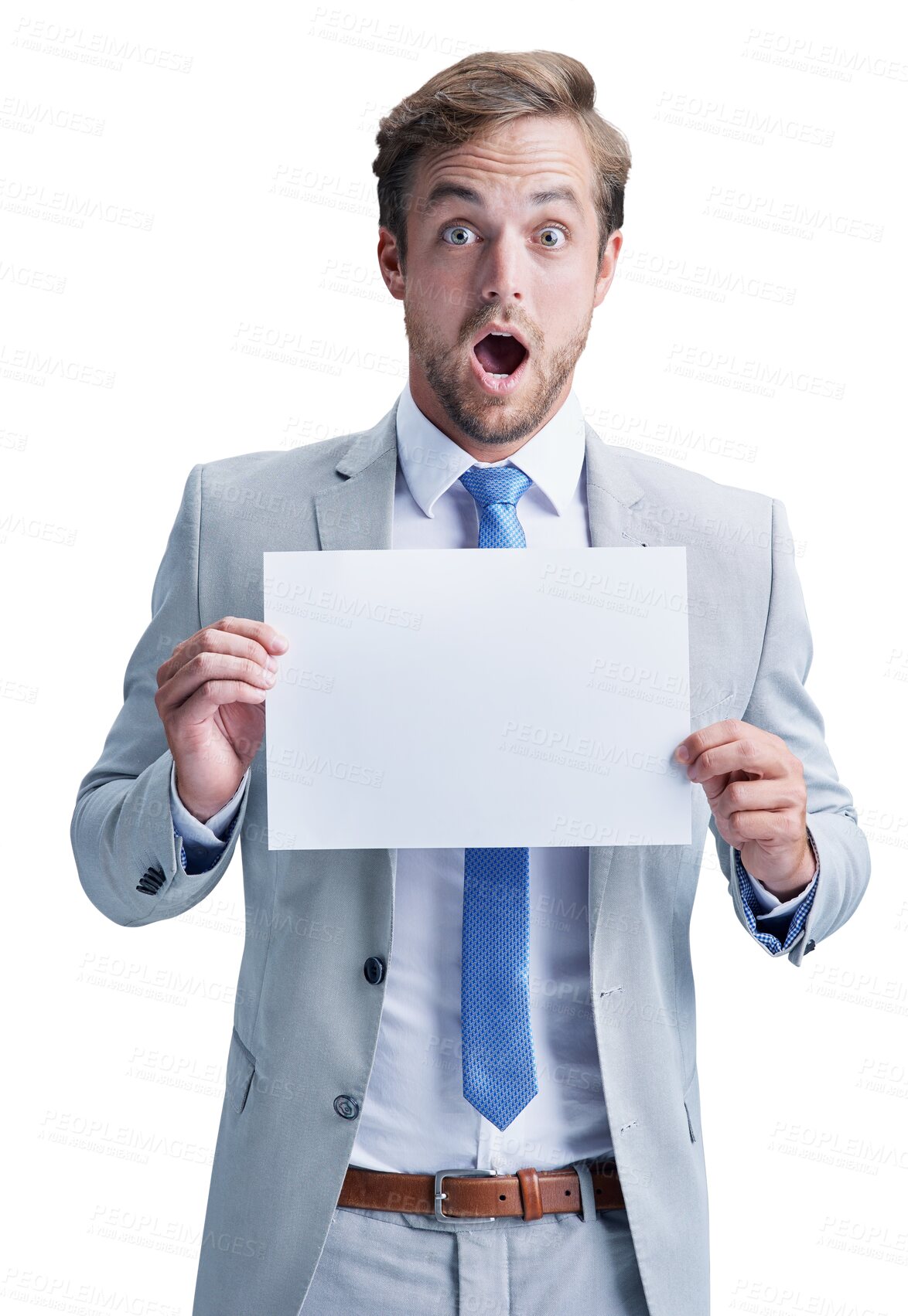 Buy stock photo Businessman, poster and marketing or promotion, surprise and mockup or isolated on transparent png background. Male person, card and billboard or advertising, board and announcement on signboard