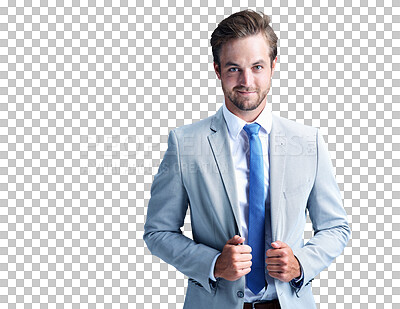 Buy stock photo Smile, confident and portrait of young businessman in a suit with pride, good and positive attitude. Happy, professional and male person with corporate fashion isolated by transparent png background.