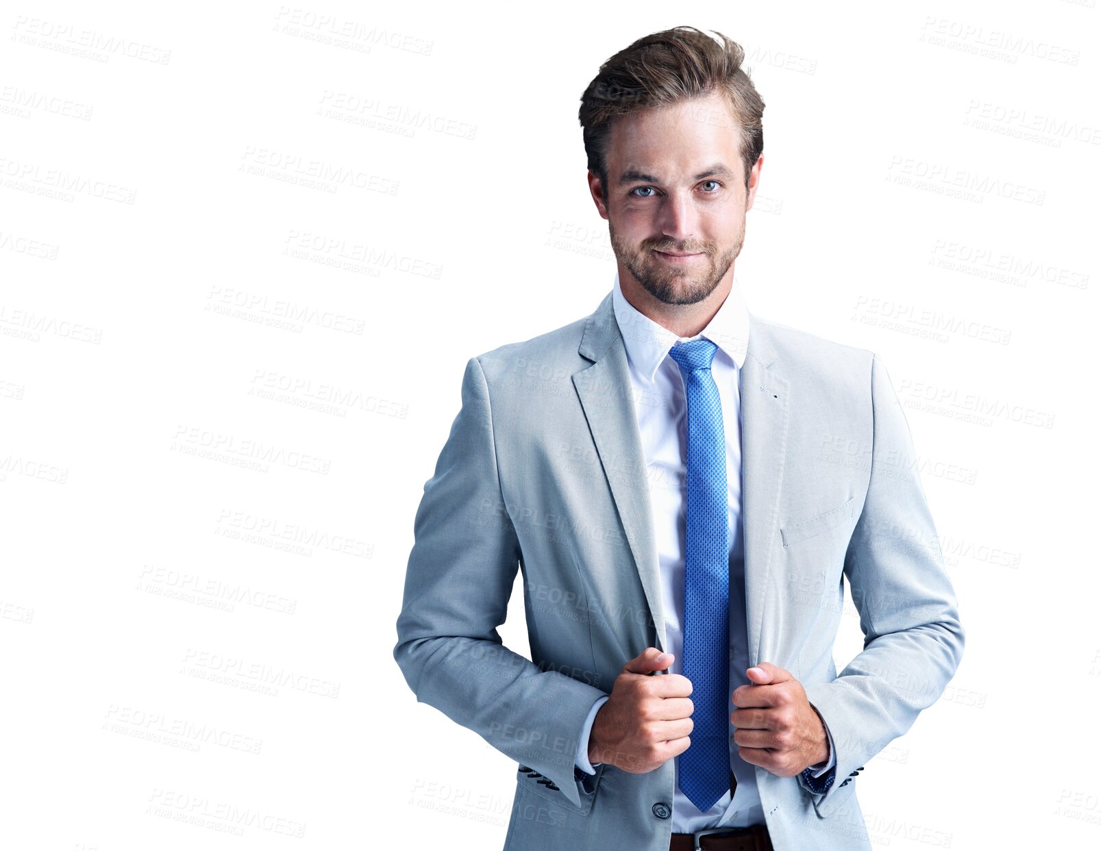 Buy stock photo Smile, confident and portrait of young businessman in a suit with pride, good and positive attitude. Happy, professional and male person with corporate fashion isolated by transparent png background.