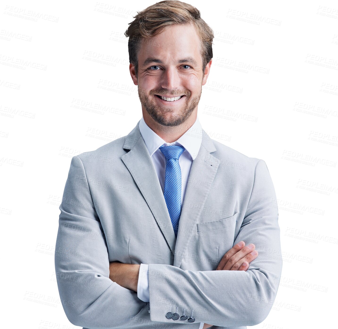 Buy stock photo Happy, crossed arms and portrait of young businessman in suit with pride, good and positive attitude. Smile, professional and male person with confident fashion isolated by transparent png background