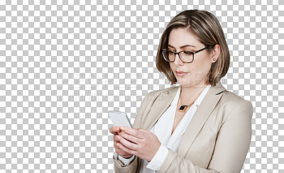 Buy stock photo Business woman, smartphone and typing for internet, research or social media for information. Analyst, glasses and technology for data, feedback or review on isolated or transparent png background