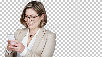 Buy stock photo Happy woman, smartphone and typing for internet, research or social media for information. Glasses, corporate person or analyst with technology for feedback on isolated or transparent png background