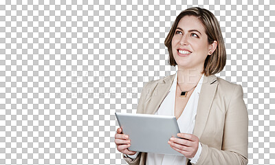 Buy stock photo Businesswoman, tablet and thinking with smile for idea, future or plan for financial growth. Corporate, female analyst and happy with vision, app and web on isolated or transparent png background