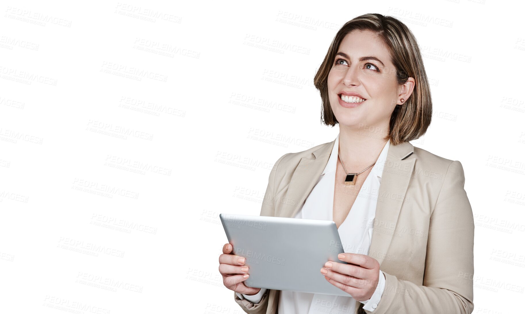 Buy stock photo Businesswoman, tablet and thinking with smile for idea, future or plan for financial growth. Corporate, female analyst and happy with vision, app and web on isolated or transparent png background