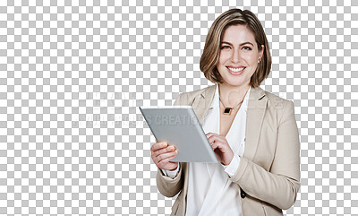 Buy stock photo Portrait, tablet and smile with a business woman isolated on a transparent background for research. Technology, internet and social media with a happy young employee on PNG for email communication