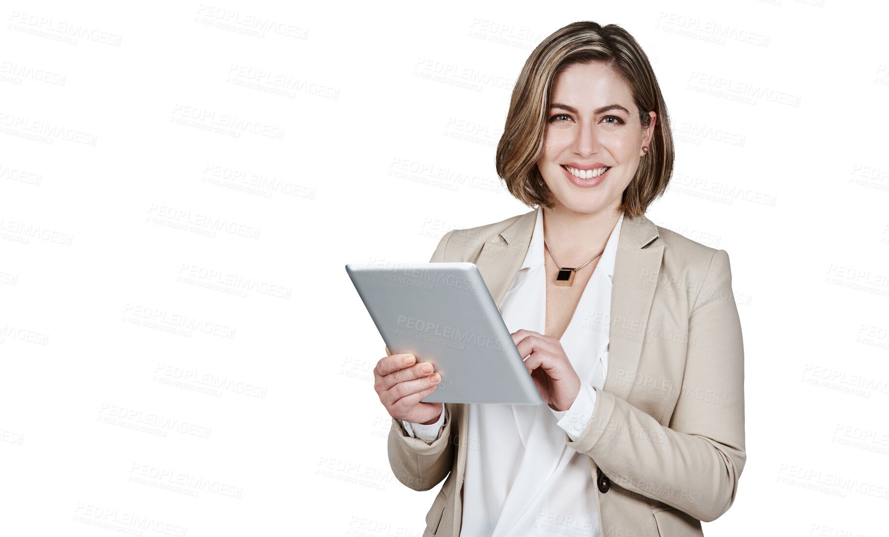 Buy stock photo Portrait, tablet and smile with a business woman isolated on a transparent background for research. Technology, internet and social media with a happy young employee on PNG for email communication