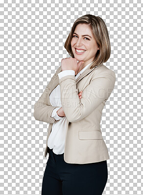 Buy stock photo Portrait, happiness and professional woman confident in business franchise, company enterprise or management work. Pride, job experience and happy agent smile isolated on transparent, png background 