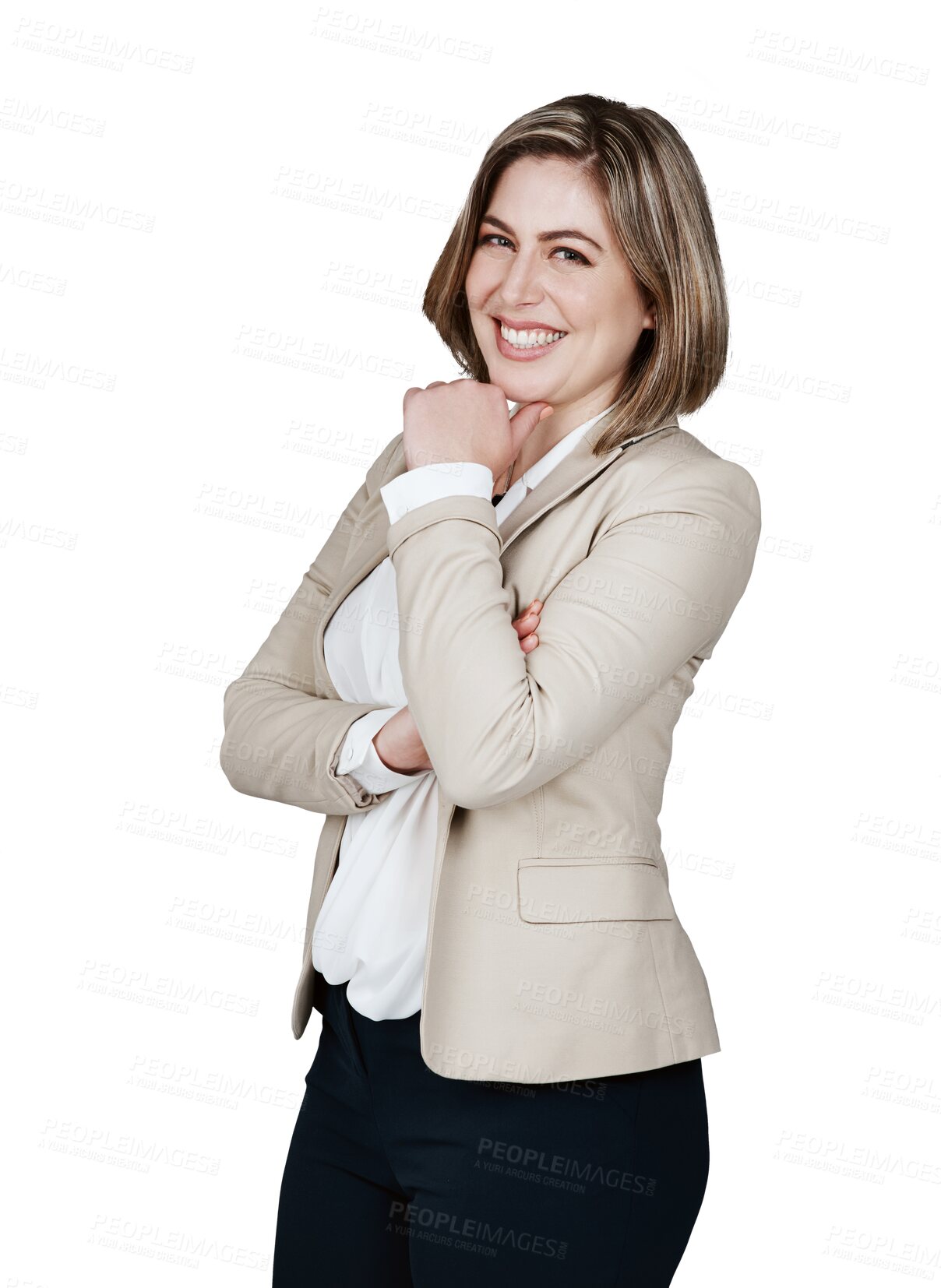 Buy stock photo Portrait, happiness and professional woman confident in business franchise, company enterprise or management work. Pride, job experience and happy agent smile isolated on transparent, png background 