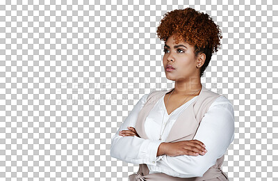 Buy stock photo Thinking, arms crossed and business woman with vision, inspiration and planning future. Confident serious professional dream of idea, reflection or creative isolated on a transparent png background