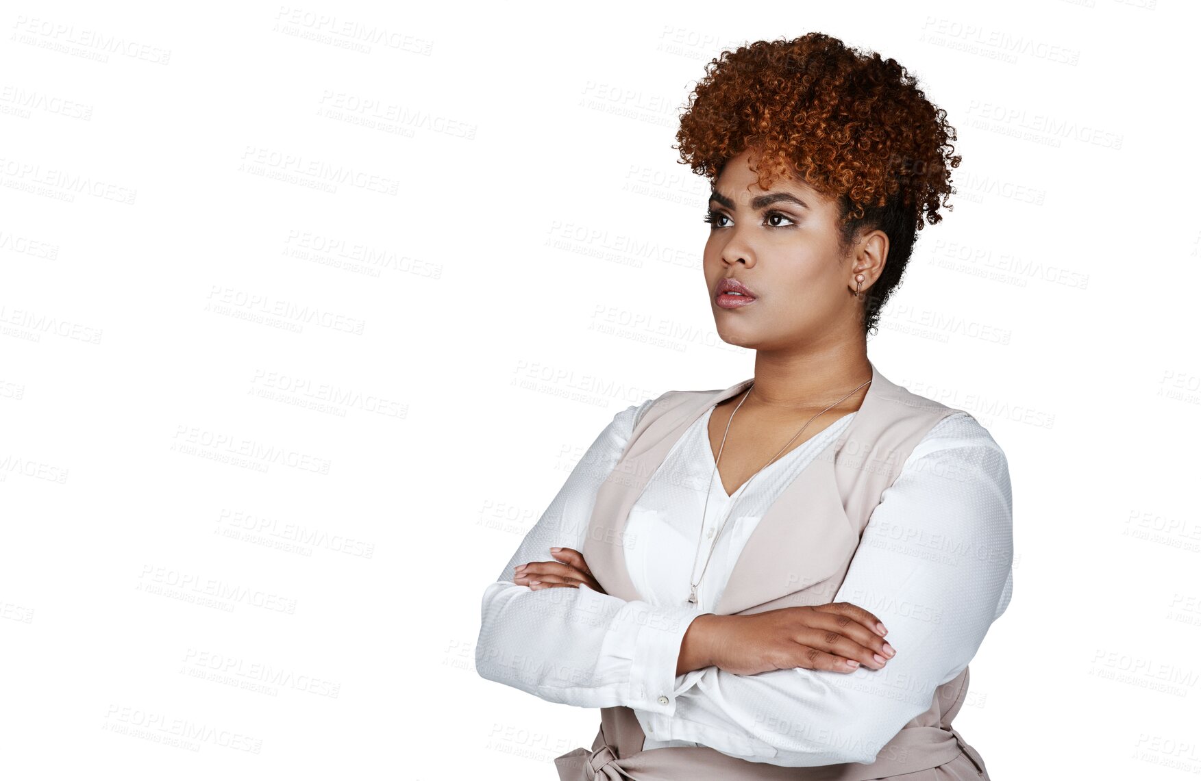 Buy stock photo Thinking, arms crossed and business woman with vision, inspiration and planning future. Confident serious professional dream of idea, reflection or creative isolated on a transparent png background