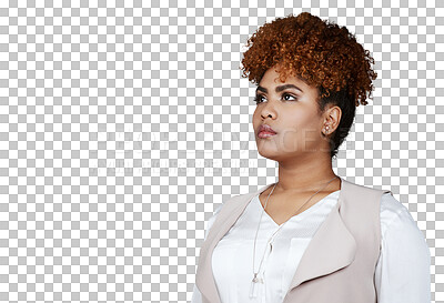 Buy stock photo Thinking, inspiration and business woman with vision, problem solving and planning future. Serious professional dream of idea, reflection or creative solution isolated on a transparent png background