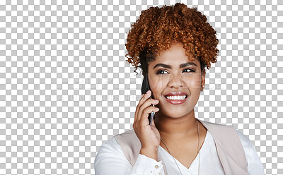 Buy stock photo Happy, businesswoman and thinking with phone call for idea, vision and conversation in closeup. Professional, consultant and afro with excited face for idea on isolated or transparent png background