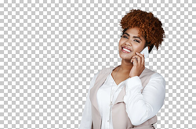 Buy stock photo Portrait, businesswoman and phone call for idea with smile for talk in formal, fashion and afro. Professional, female consultant and mobile for communication on isolated or transparent png background