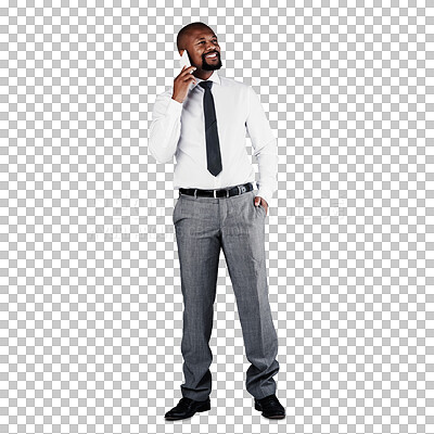 Buy stock photo Phone call, business communication and happy black man consulting, networking and negotiation with investment contact. Conversation, smartphone and African CEO isolated on transparent, png background