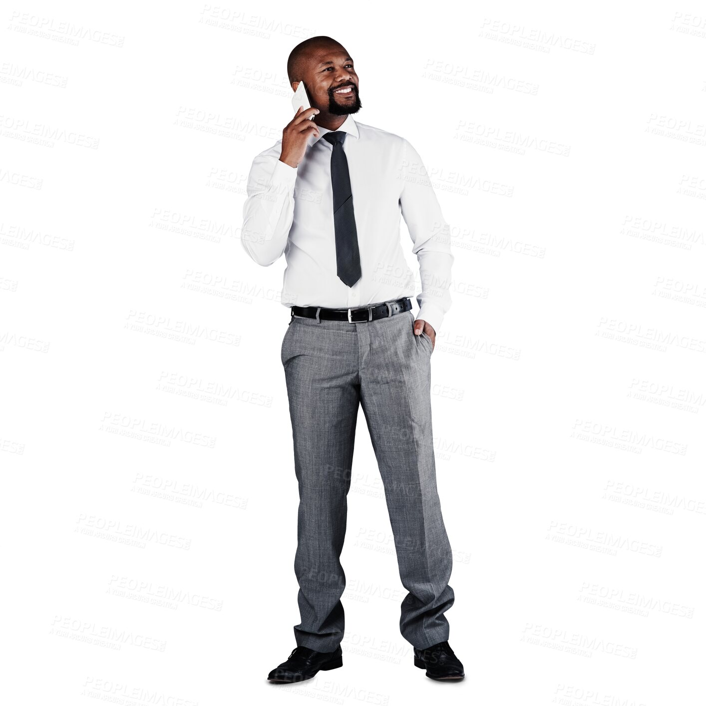 Buy stock photo Phone call, business communication and happy black man consulting, networking and negotiation with investment contact. Conversation, smartphone and African CEO isolated on transparent, png background