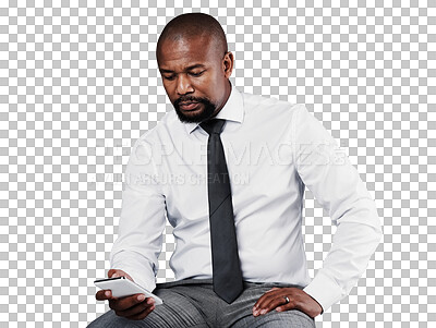 Buy stock photo Phone, business communication or black man typing, texting and reading news, corporate info or company email. App, cellphone or African CEO scroll social media isolated on transparent, png background