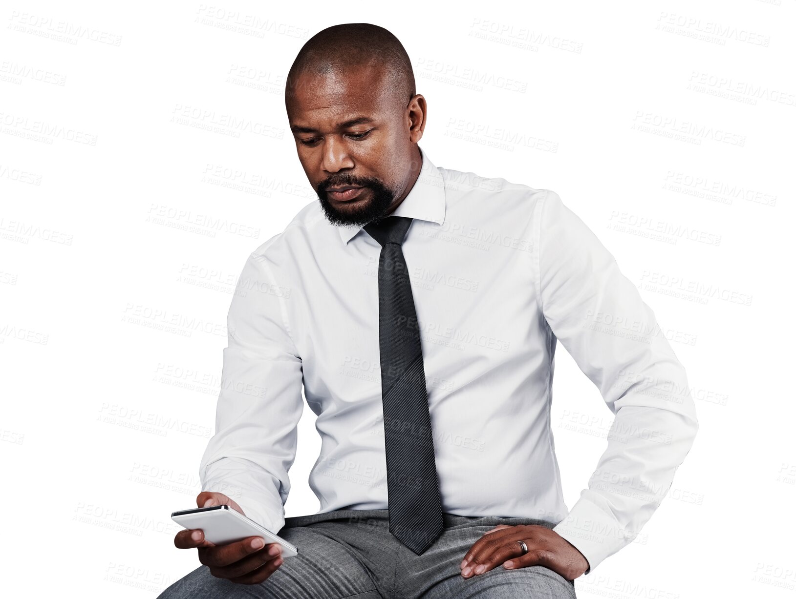 Buy stock photo Phone, business communication or black man typing, texting and reading news, corporate info or company email. App, cellphone or African CEO scroll social media isolated on transparent, png background