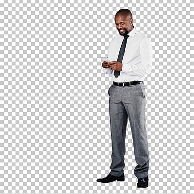 Buy stock photo Cellphone, business communication or happy black man typing manager feedback, online research or search agency database. Website, phone and African executive isolated on transparent, png background