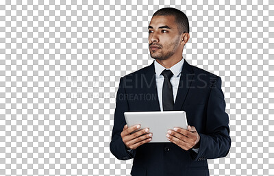 Buy stock photo Thinking, tablet and corporate manager, man or agent brainstorming web development, online franchise plan or ideas. Media management, website or pensive person isolated on transparent, png background