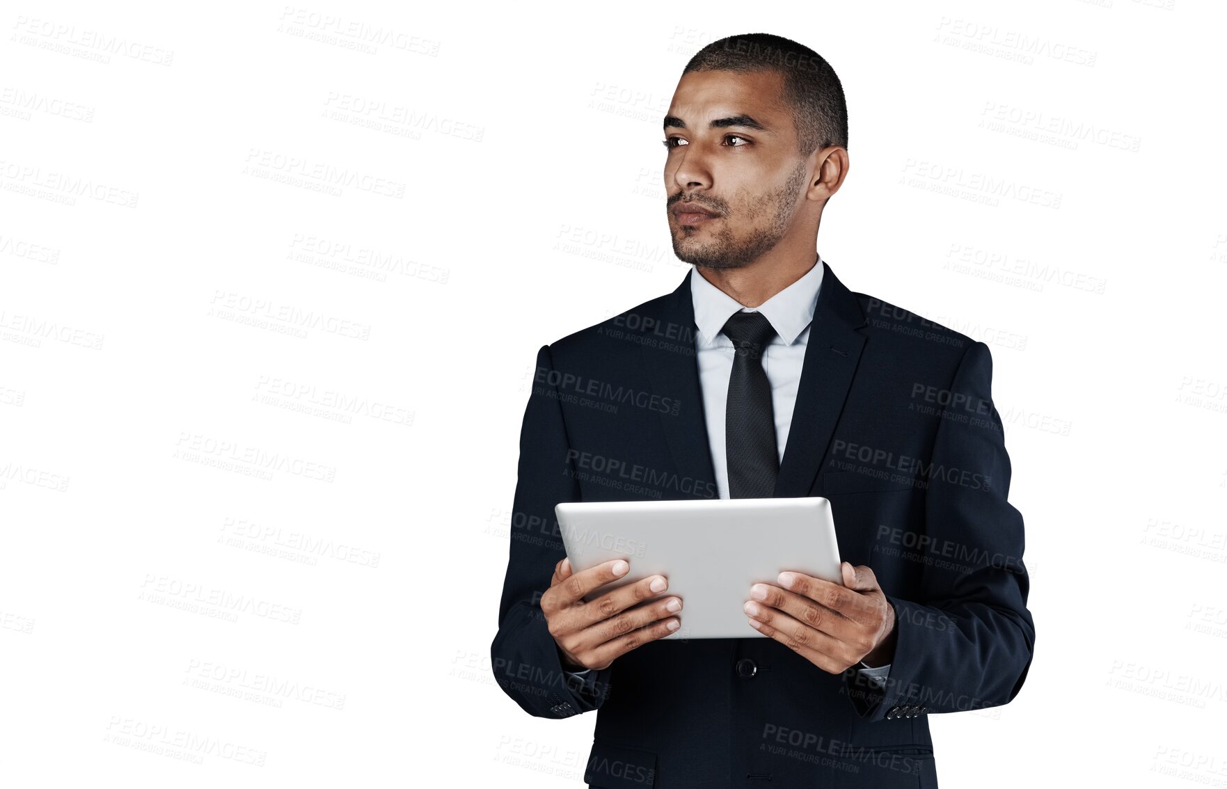 Buy stock photo Thinking, tablet and corporate manager, man or agent brainstorming web development, online franchise plan or ideas. Media management, website or pensive person isolated on transparent, png background