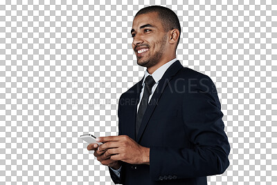 Buy stock photo Smartphone, corporate communication smile or man thinking of business idea, online data research or app message. Network connectivity, phone service and person isolated on transparent, png background