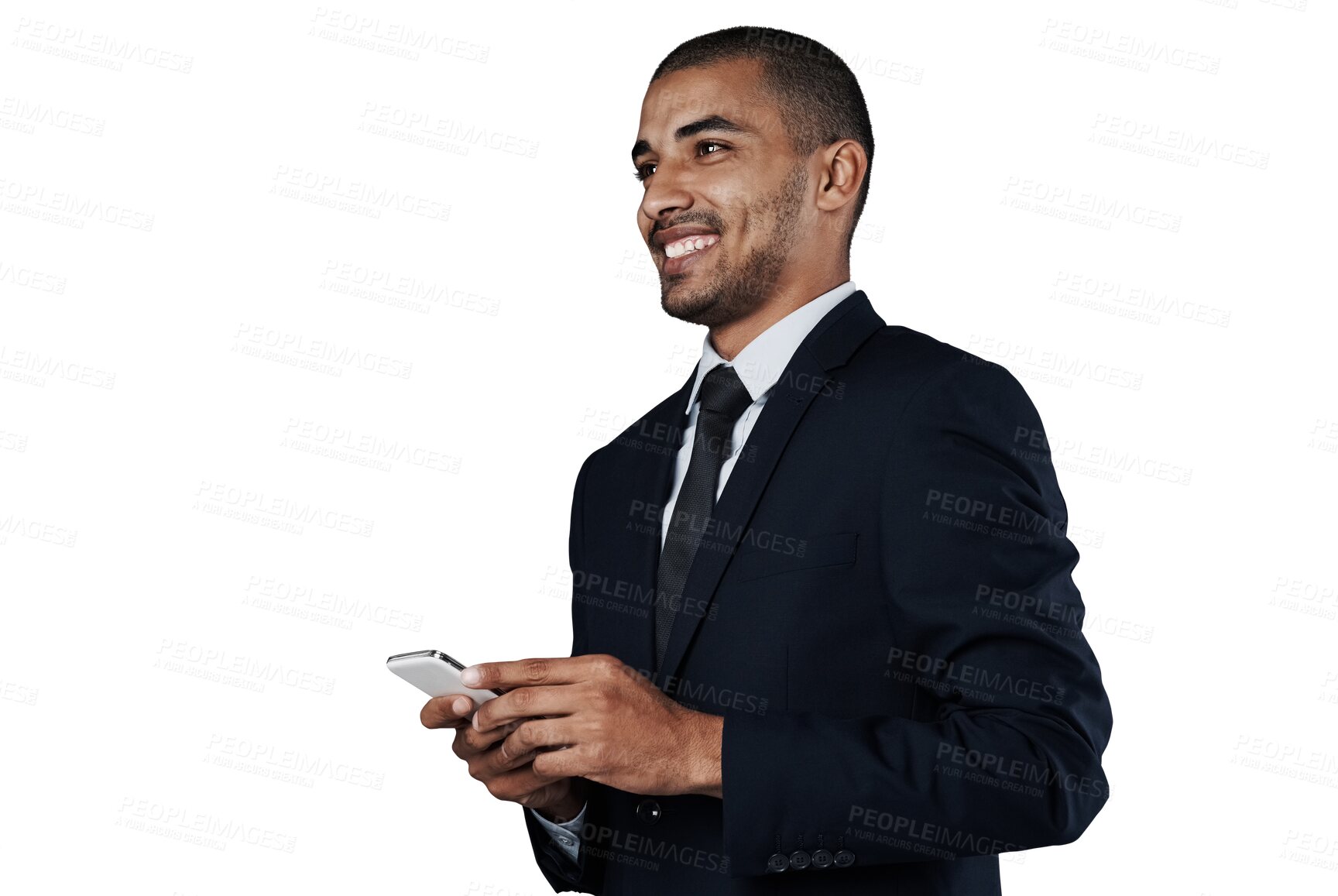 Buy stock photo Smartphone, corporate communication smile or man thinking of business idea, online data research or app message. Network connectivity, phone service and person isolated on transparent, png background