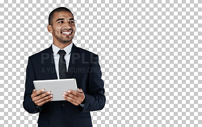 Buy stock photo Business man, tablet and smile or networking, connection and internet or digital technology. Male person, information and planning or research, mobile app and isolated on transparent png background