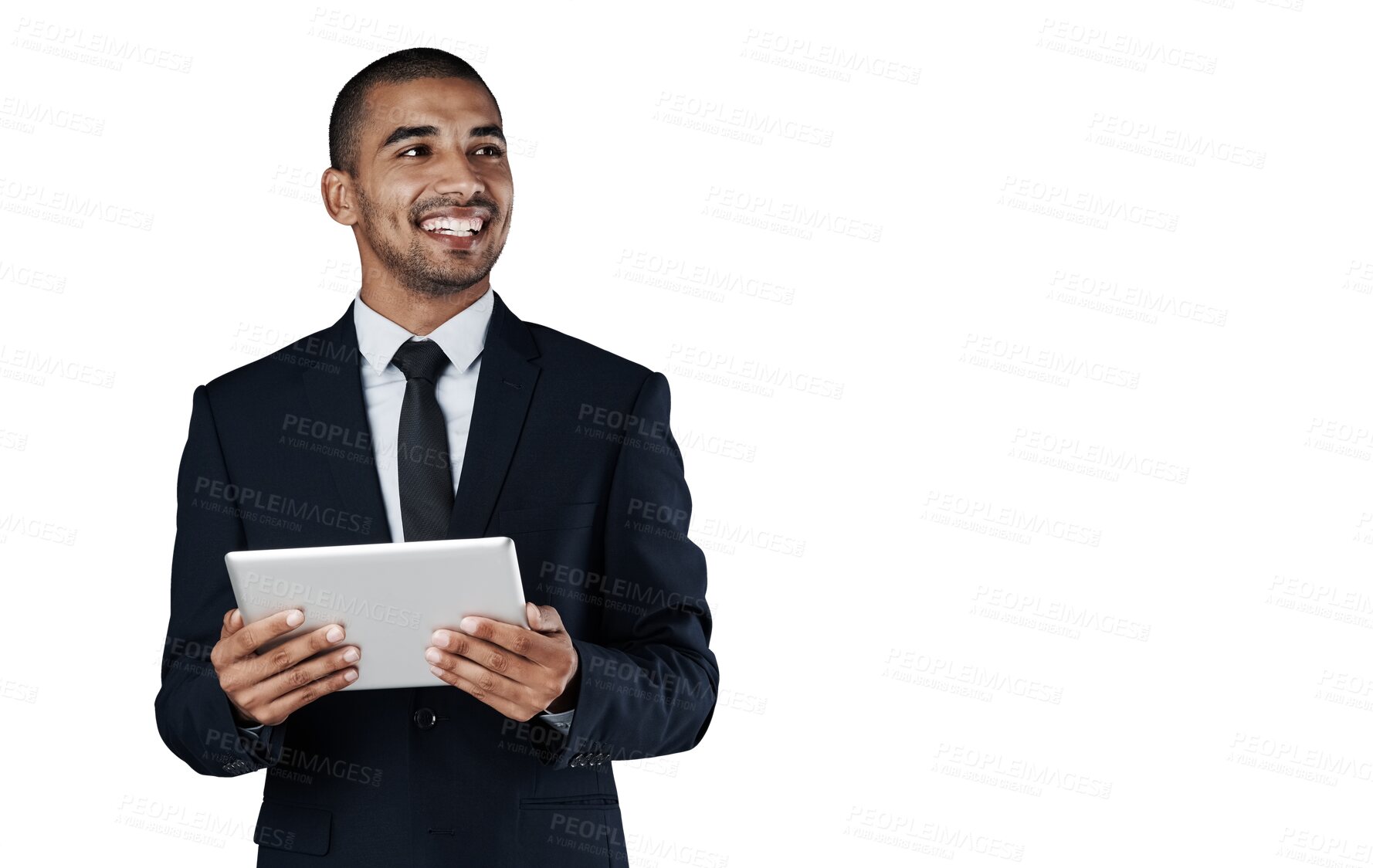 Buy stock photo Business man, tablet and smile or networking, connection and internet or digital technology. Male person, information and planning or research, mobile app and isolated on transparent png background