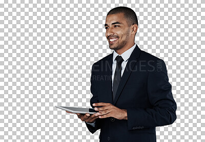 Buy stock photo Business man, tablet and smile or thinking, connection and internet or digital technology. Male person, information and planning or research, networking and isolated on transparent png background