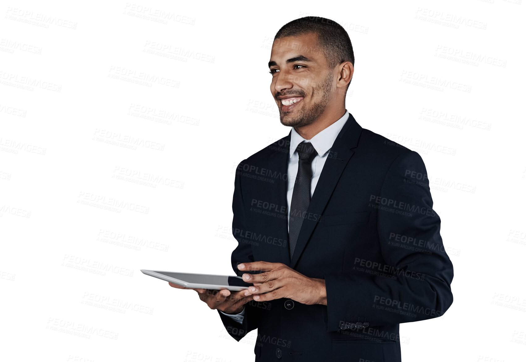 Buy stock photo Business man, tablet and smile or thinking, connection and internet or digital technology. Male person, information and planning or research, networking and isolated on transparent png background