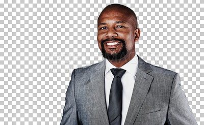 Buy stock photo Portrait, business and happy black man in suit, entrepreneur or worker isolated on a transparent png background. Face, smile and professional agent, corporate employee and African person in Kenya