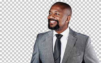 Buy stock photo Happy black man, profile and thinking in business, job or career ambition isolated on a transparent PNG background. Face of African male person or businessman smile in suit for idea, vision or future