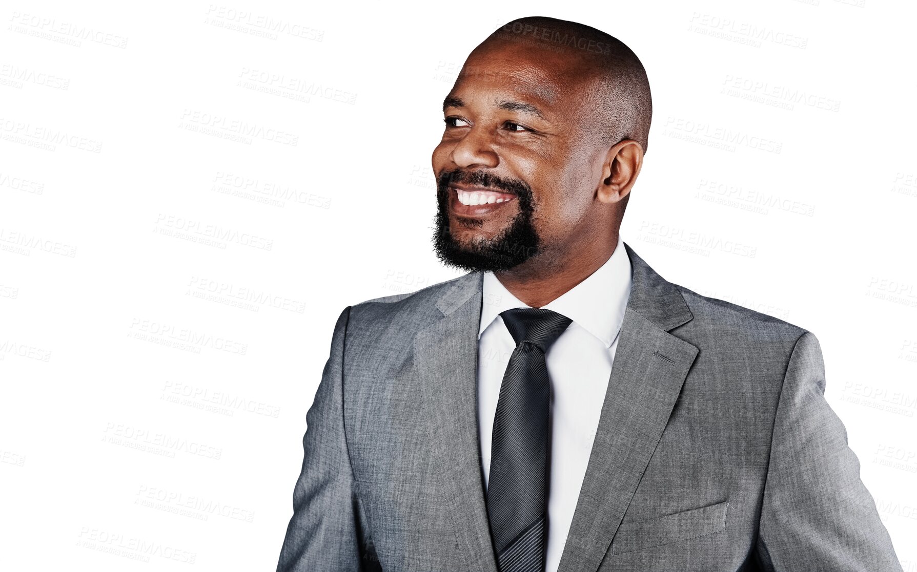 Buy stock photo Happy black man, profile and thinking in business, job or career ambition isolated on a transparent PNG background. Face of African male person or businessman smile in suit for idea, vision or future