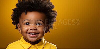 African american, child and fashion with afro, excitement and smile on mockup banner background. Face, kid and male youth with cool, trendy and confident clothes style on yellow studio space