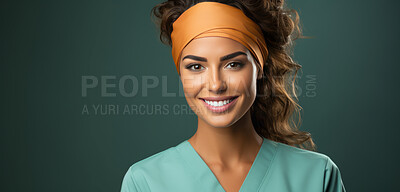 Buy stock photo Portrait, mockup and woman with nurse scrubs, uniform and medical helper against a green studio background. Female person, doctor or happy model with happiness, career and healthcare professional