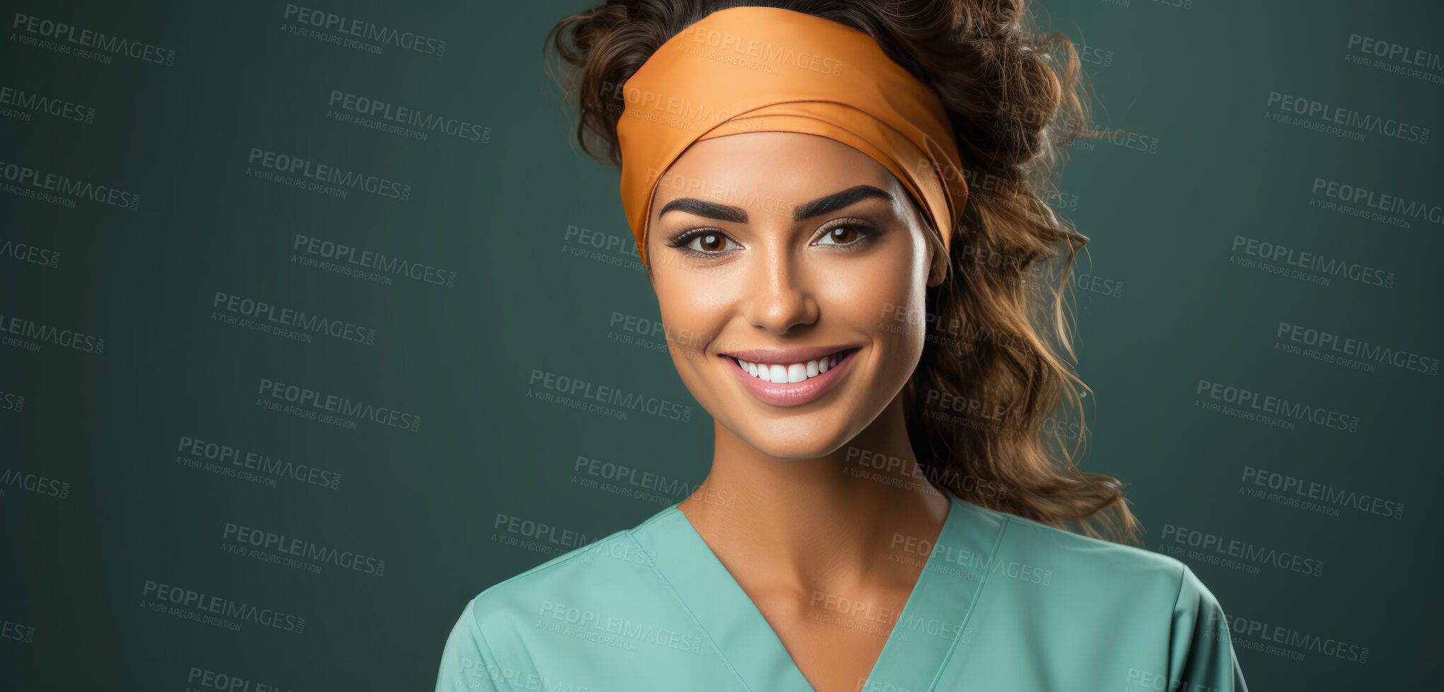 Buy stock photo Portrait, mockup and woman with nurse scrubs, uniform and medical helper against a green studio background. Female person, doctor or happy model with happiness, career and healthcare professional