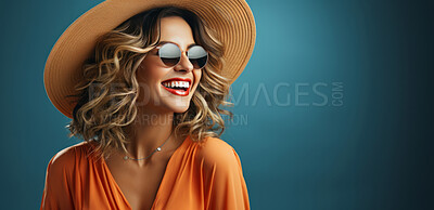 Happy, woman and glasses with hat, fashion and trendy clothes in elegant style on banner background. Mockup space, face and confident female model with luxury sunglasses on studio color backdrop
