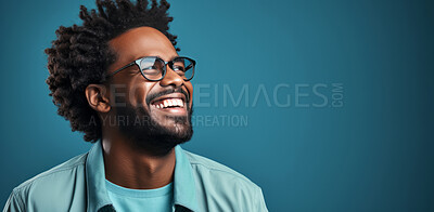 Laughing, african man and glasses, fashion and trendy clothes in elegant style on banner background. Mockup space, face and confident male model with happy expression on studio color backdrop