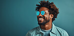 Smiling, african man and glasses, fashion and trendy clothes in elegant style on banner background. Mockup space, face and confident male model with happy expression on studio color backdrop