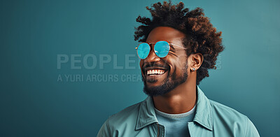 Smiling, african man and glasses, fashion and trendy clothes in elegant style on banner background. Mockup space, face and confident male model with happy expression on studio color backdrop