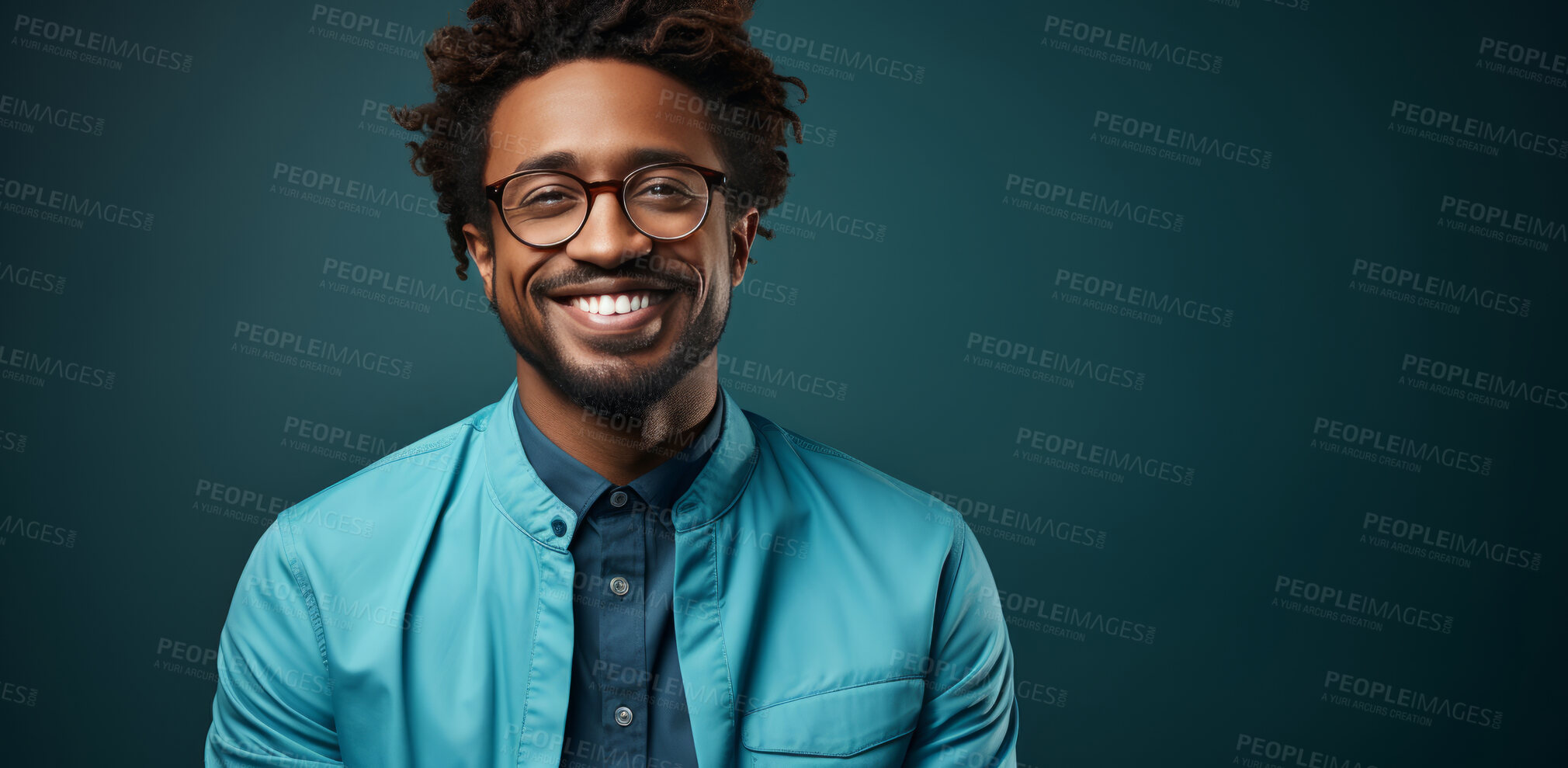 Buy stock photo Mockup, portrait and black man with glasses, smile and optometry on a green studio background. Face, person and model with eyewear, clear vision and happiness with optometrist, sight and looking