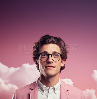 Mockup, portrait and man with glasses, smile and clouds on a pink studio background. Face, person and model with eyewear, clear vision and happiness with optometrist, sight and looking